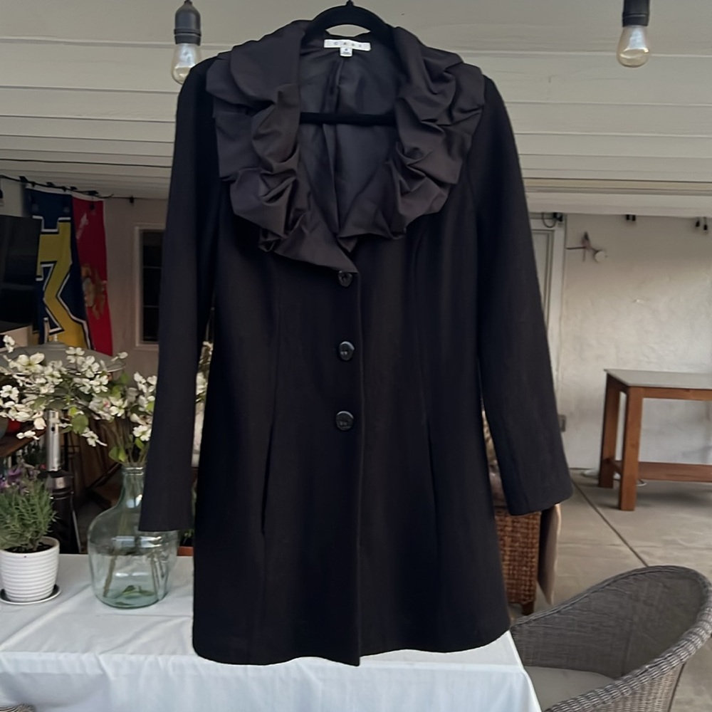 Cabi black wool sweater coat with a ruffle collar size small